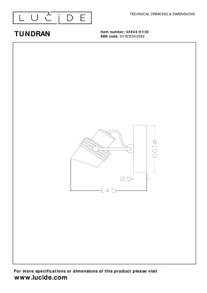 Lucide TUNDRAN - Plafondspot - 1xGU10 - Zwart - technisch